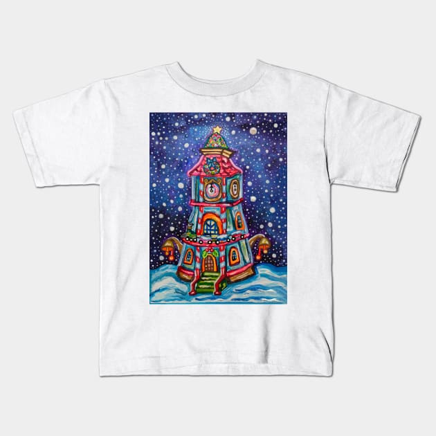 Vintage Christmas Clock Tower Painting Kids T-Shirt by Art by Deborah Camp